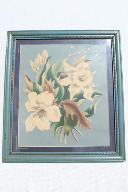 photo of 1940s vintage Turner floral prints in wood frames, shabby cottage chic farmhouse style #5