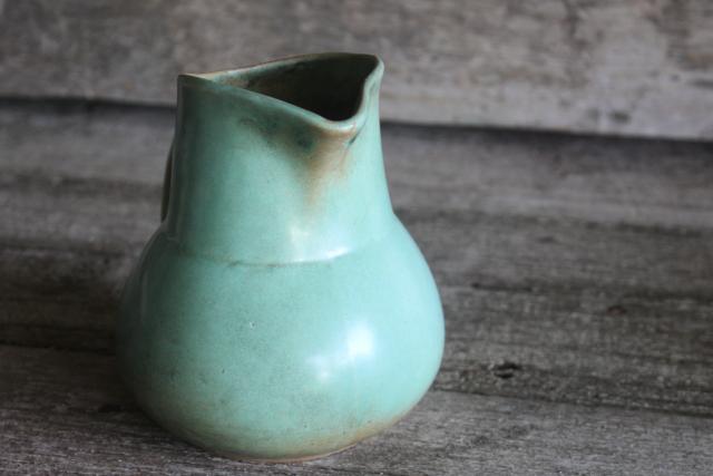 photo of 1940s vintage art pottery, green glaze pitcher vase, Shearwater pottery from Mississippi #2