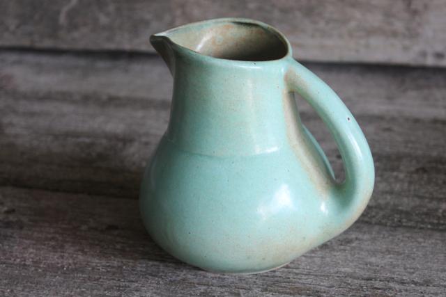 photo of 1940s vintage art pottery, green glaze pitcher vase, Shearwater pottery from Mississippi #6