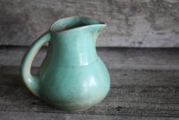 catalog photo of 1940s vintage art pottery, green glaze pitcher vase, Shearwater pottery from Mississippi