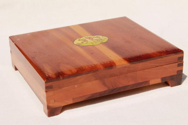 photo of 1940s vintage cedar wood box w/ hunt scene, dresser box for bridge set playing cards  #1