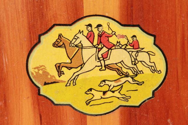 photo of 1940s vintage cedar wood box w/ hunt scene, dresser box for bridge set playing cards  #7