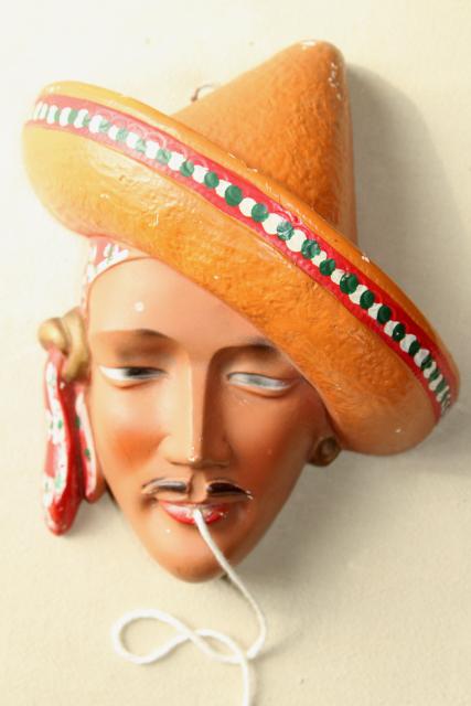 photo of 1940s vintage chalkware head wall plaque string holder, Mexican sombrero w/ handsome bandit #1