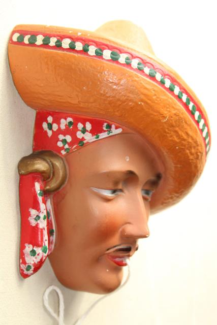 photo of 1940s vintage chalkware head wall plaque string holder, Mexican sombrero w/ handsome bandit #2