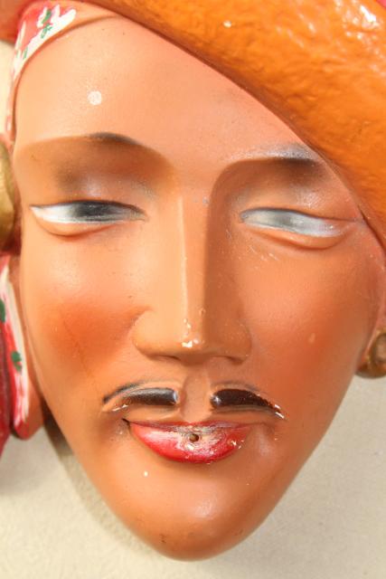 photo of 1940s vintage chalkware head wall plaque string holder, Mexican sombrero w/ handsome bandit #3