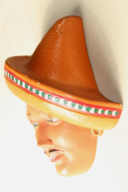 photo of 1940s vintage chalkware head wall plaque string holder, Mexican sombrero w/ handsome bandit #4