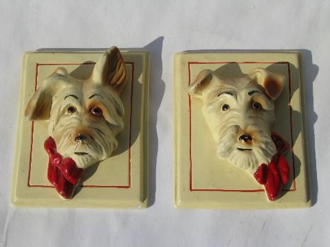 photo of 1940s vintage chalkware wall plaques, cute Scotty dogs in frames #1