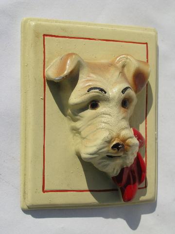 photo of 1940s vintage chalkware wall plaques, cute Scotty dogs in frames #2