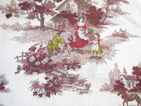 photo of 1940s vintage cotton barkcloth decorator fabric, french peasant cottage scenes #1