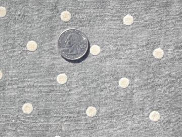 catalog photo of 1940s vintage cotton chambray fabric, flocked dots on steel grey