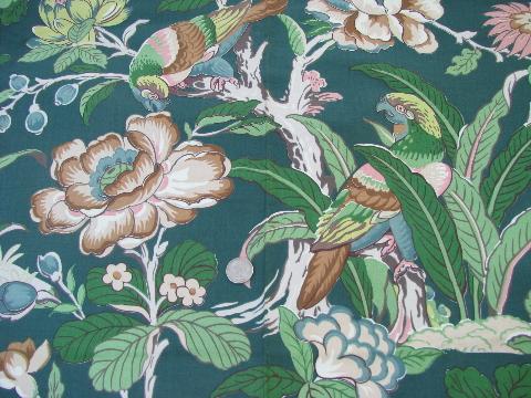 photo of 1940s vintage cotton decorator fabric, parrots on green floral #1