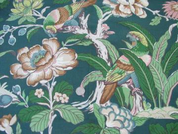 catalog photo of 1940s vintage cotton decorator fabric, parrots on green floral
