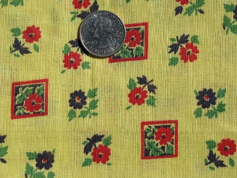 photo of 1940s vintage cotton fabric, flowers in red and blue on yellow #1