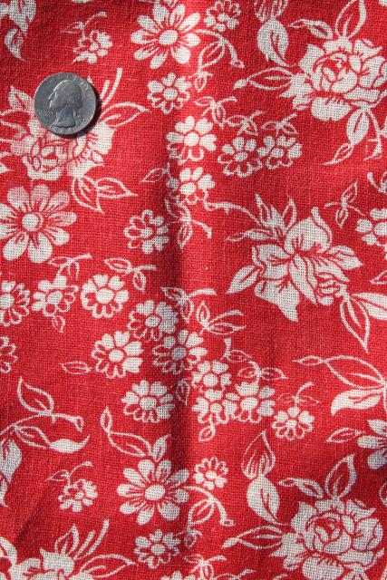 photo of 1940s vintage cotton feed sack fabric, floral print white flowers on red #1