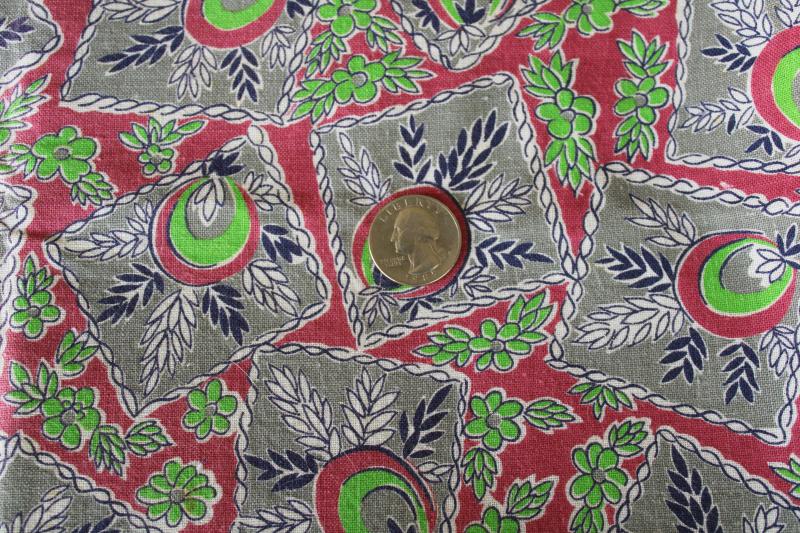 photo of 1940s vintage cotton feed sack fabric, hankies print in mauve, grey, bright green #1