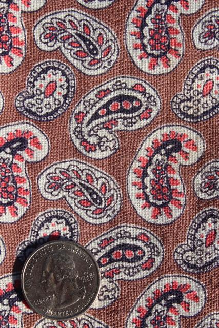 photo of 1940s vintage cotton feed sack fabric, paisley print coral pink & tan #1