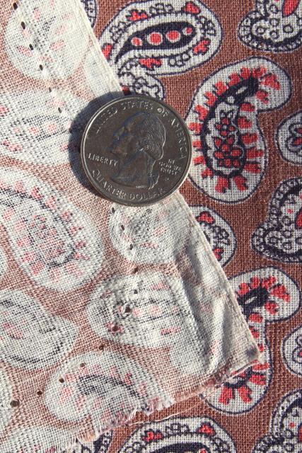 photo of 1940s vintage cotton feed sack fabric, paisley print coral pink & tan #4
