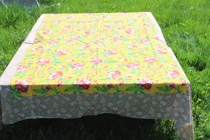 photo of 1940s vintage cotton feed sack fabric quilt top, two full sacks floral print on yellow w/ border  #1