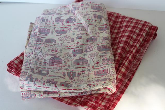 photo of 1940s vintage cotton feed sack fabric, red plaid, country barn print - farmhouse pillowcases #1