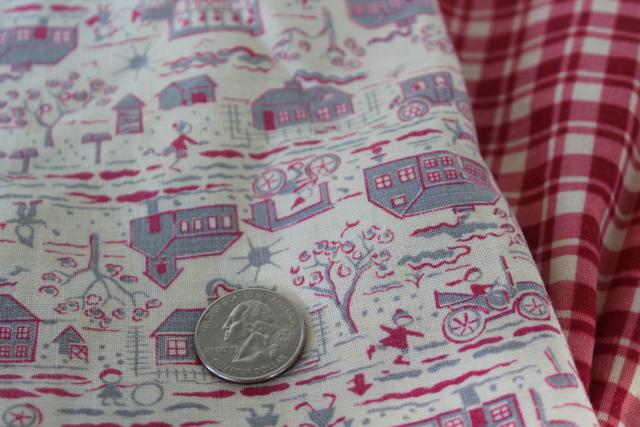 photo of 1940s vintage cotton feed sack fabric, red plaid, country barn print - farmhouse pillowcases #2