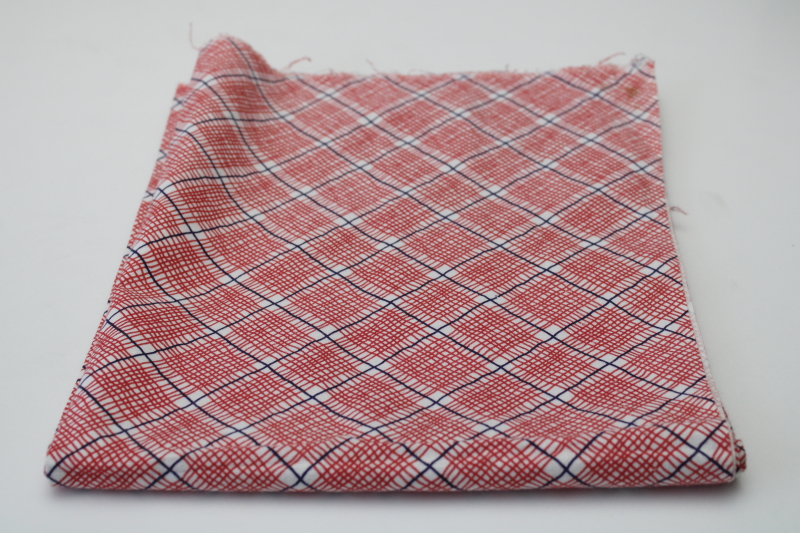 photo of 1940s vintage cotton feed sack fabric, red white navy blue plaid print quilting weight fabric  #1