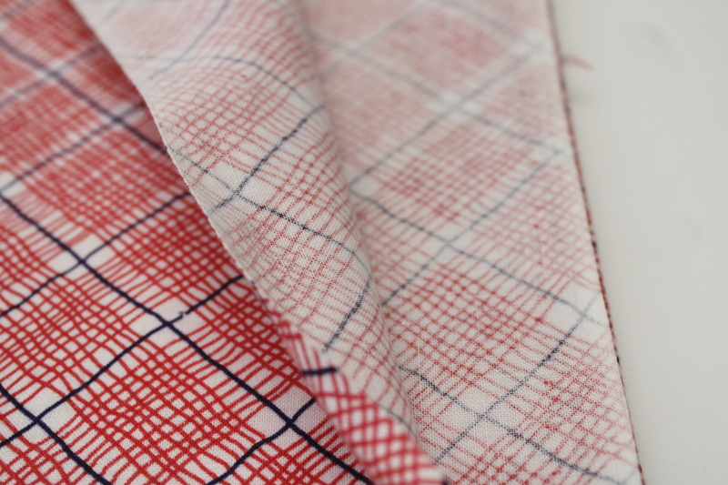 photo of 1940s vintage cotton feed sack fabric, red white navy blue plaid print quilting weight fabric  #2