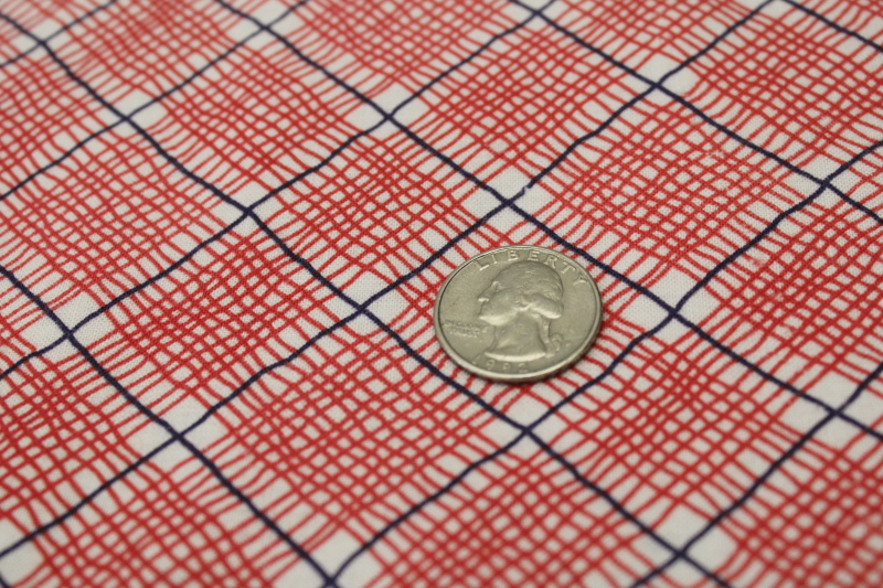 photo of 1940s vintage cotton feed sack fabric, red white navy blue plaid print quilting weight fabric  #3