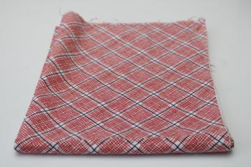 catalog photo of 1940s vintage cotton feed sack fabric, red white navy blue plaid print quilting weight fabric 