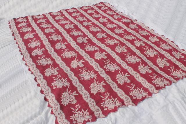 photo of 1940s vintage cotton jacquard bedspread, burgundy wine & white flower basket pattern #1