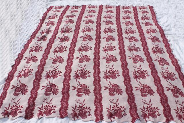 photo of 1940s vintage cotton jacquard bedspread, burgundy wine & white flower basket pattern #2