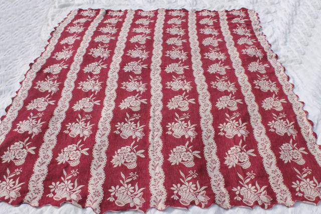 photo of 1940s vintage cotton jacquard bedspread, burgundy wine & white flower basket pattern #4