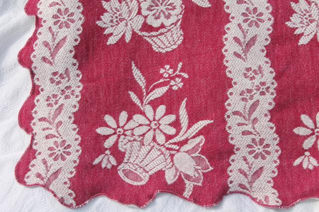 photo of 1940s vintage cotton jacquard bedspread, burgundy wine & white flower basket pattern #6