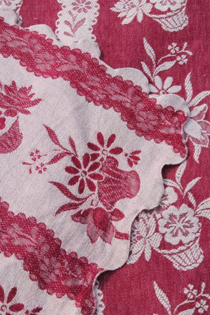 photo of 1940s vintage cotton jacquard bedspread, burgundy wine & white flower basket pattern #10