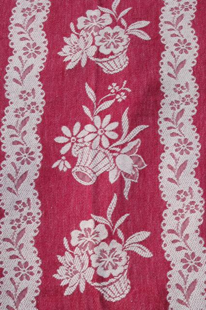 photo of 1940s vintage cotton jacquard bedspread, burgundy wine & white flower basket pattern #11