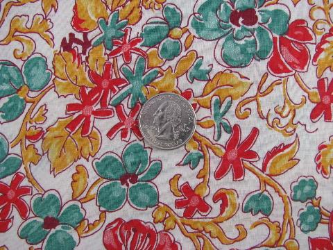 photo of 1940s vintage cotton print fabric, flowers in teal green, poppy red & gold #1