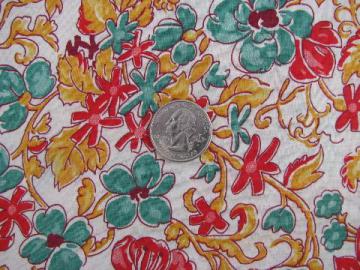 catalog photo of 1940s vintage cotton print fabric, flowers in teal green, poppy red & gold