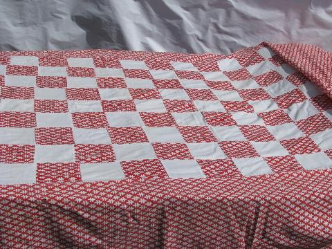 photo of 1940s vintage cotton print feedsack fabric red & white patchwork bed cover #1