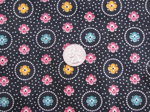 photo of 1940s vintage cotton print quilting fabric, dots & flowers on black #1