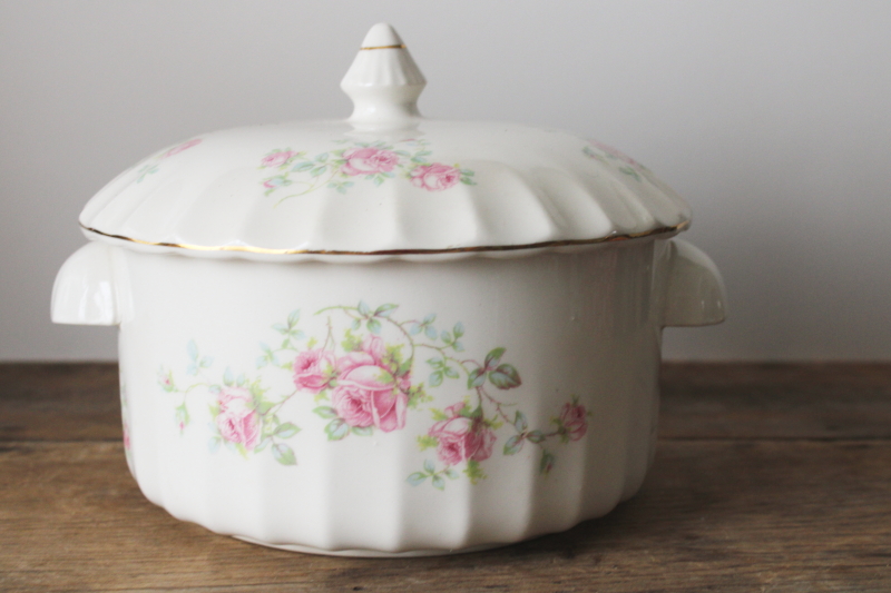photo of 1940s vintage covered casserole bowl w/ pink roses floral, cottage kitchen cookie jar  #1