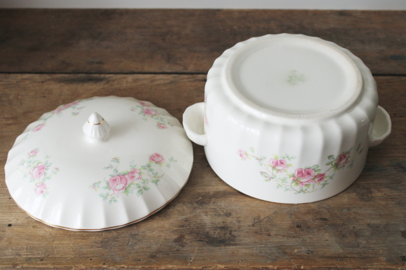 photo of 1940s vintage covered casserole bowl w/ pink roses floral, cottage kitchen cookie jar  #5