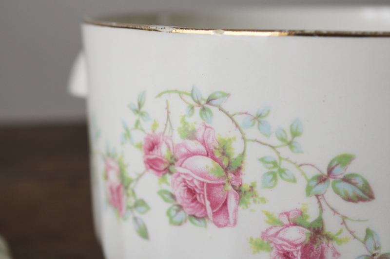 photo of 1940s vintage covered casserole bowl w/ pink roses floral, cottage kitchen cookie jar  #6