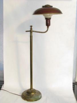 catalog photo of 1940s vintage deep red tole floor lamp w/ metal helmet light shade, Rembrandt