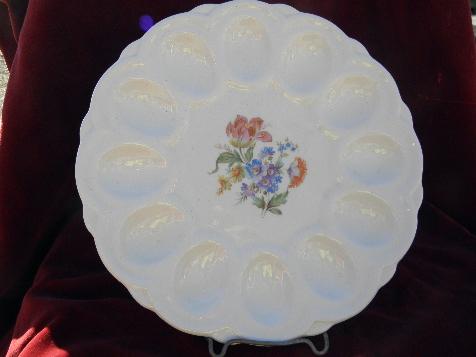 photo of 1940s vintage divided egg plate, ivory china w/ flowered center #1