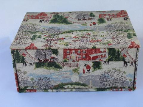 photo of 1940s vintage fabric covered sewing box w/ drawer, Grandma Moses winter print #1