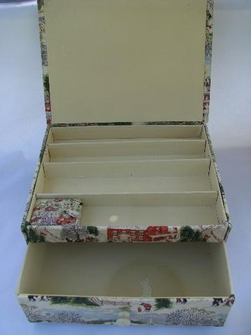 photo of 1940s vintage fabric covered sewing box w/ drawer, Grandma Moses winter print #2