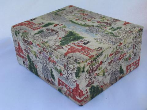 photo of 1940s vintage fabric covered sewing box w/ drawer, Grandma Moses winter print #3