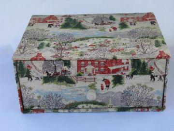 catalog photo of 1940s vintage fabric covered sewing box w/ drawer, Grandma Moses winter print