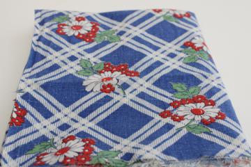 catalog photo of 1940s vintage feed sack fabric, red, white, blue flowered print cotton