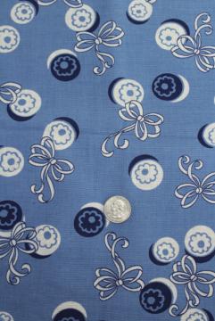 catalog photo of 1940s vintage feed sack type cotton fabric 38 wide, buttons & bows print on blue