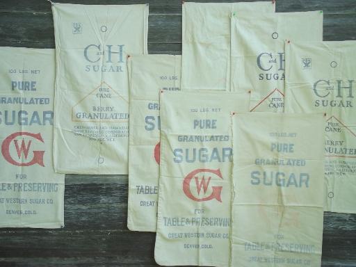 photo of 1940s vintage feedsacks w/ print advertising, heavy cotton sugar sack lot #1